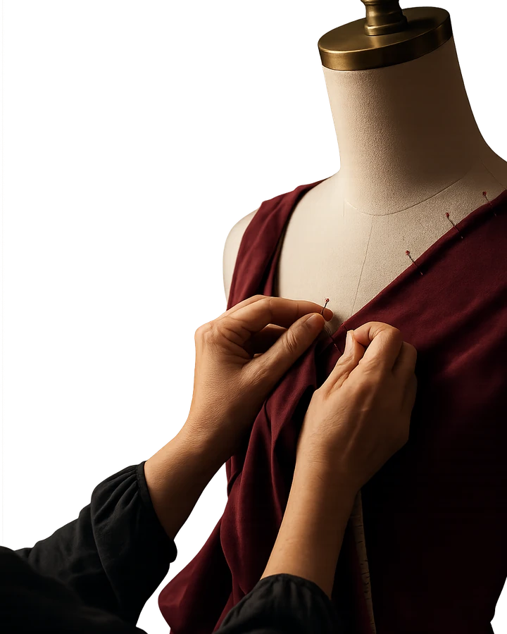 Manos colocando tejido burdeos sobre un maniquí de costura